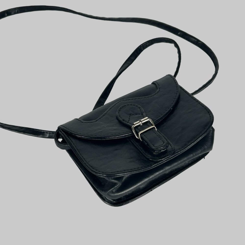 Vintage Style Saddle Crossbody Bag Black Faux Leather Small Minimalist Purse